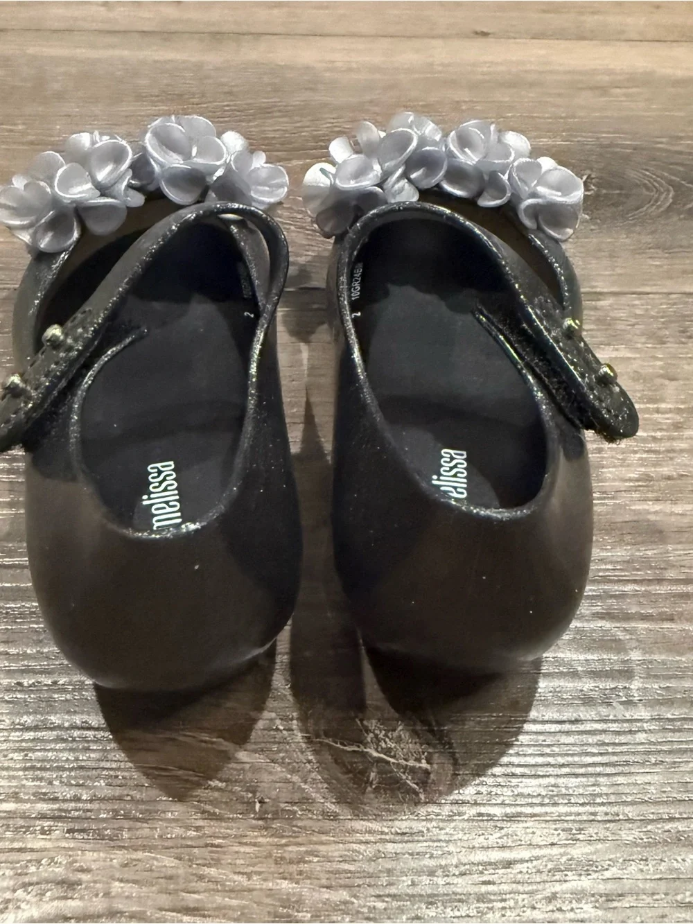 Mini Melissa Girls Black Mary Jane Flats with Silver Flower Accents